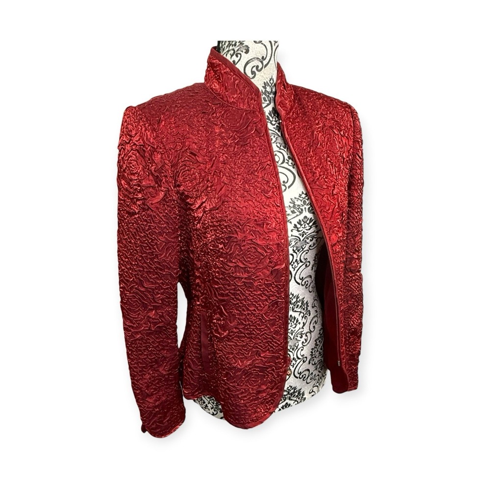 Vintage Red Crinkle Shimmer Evening Cocktail Holiday Party Jacket Blazer Sz 6